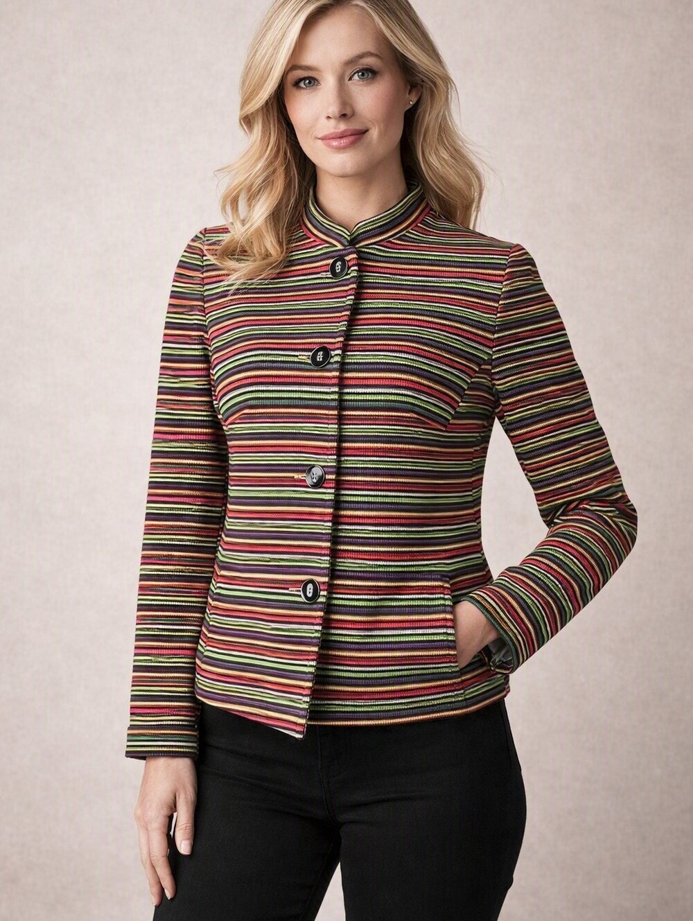 Talbots Womens Rainbow Colorful Striped Mandarin Collar Blazer Jacket